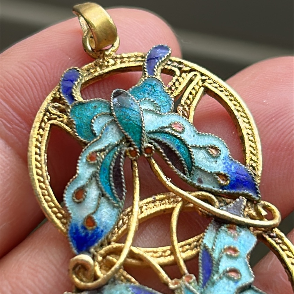 🖤Antique Chinese Butterfly 🦋 cloisonné pendant - Picture 6 of 10